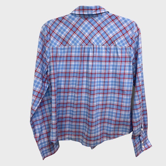 J.Crew Gingham Plaid Check Front Tie Roll Tab Blouse Size Medium - Picture 4 of 8